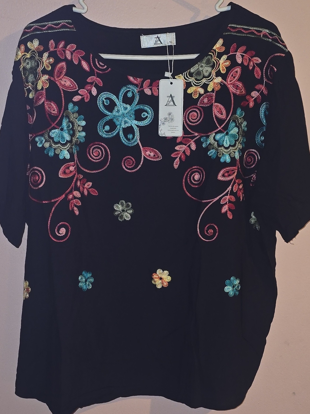 NWT AZ Boho Floral Embroidered Short Sleeve Viscose Blouse Top Black Size L/XL